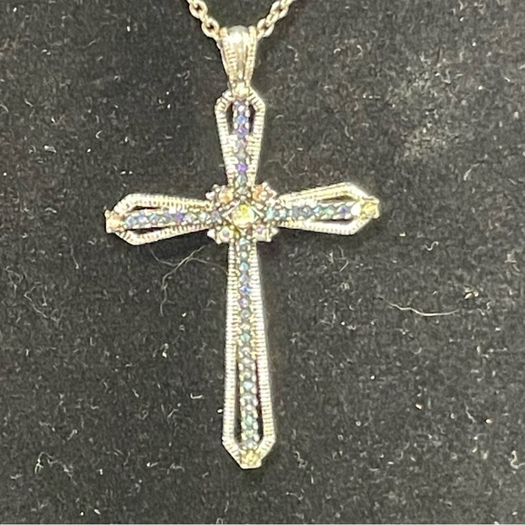 Silver Tone Cross Pendant Necklace with Blue and Clear Rhinestones - Picture 3 of 7